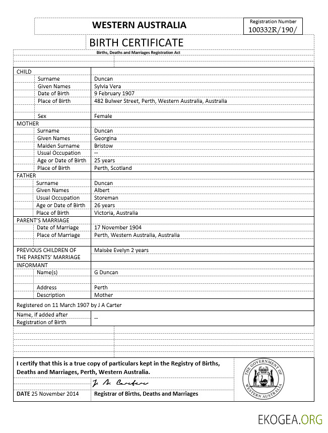 Australie Modèle d'acte de naissance d'Australie Occidentale au format Word, version 1